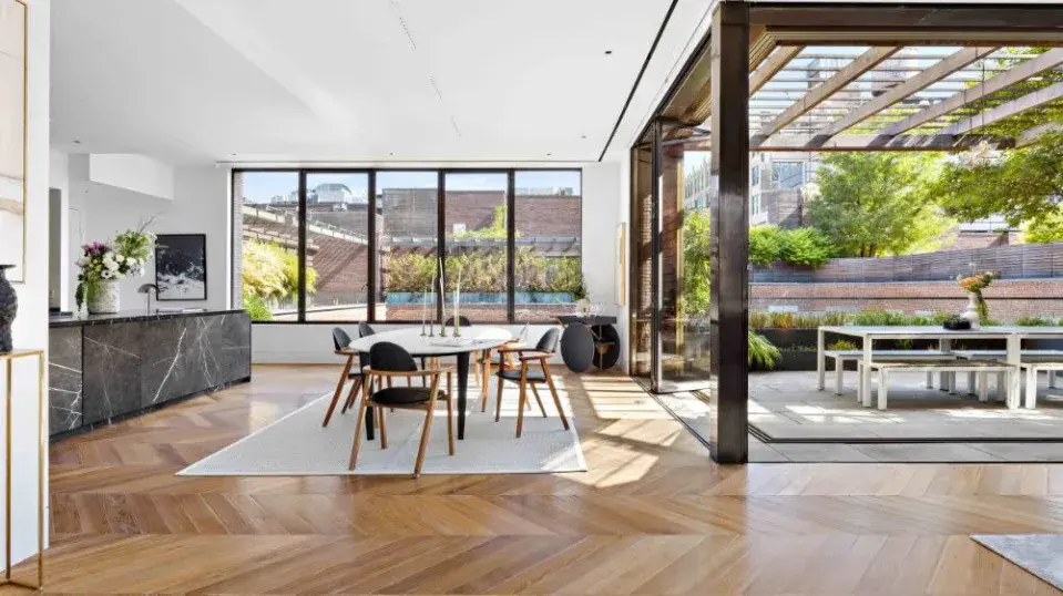 Thermal Bronze folding doors and casement windows with patina finish, high performance low iron insulating glass