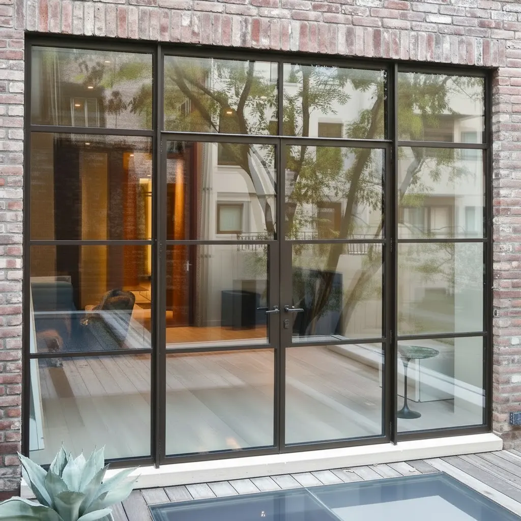 Thermal Steel French door pair with fixed sidelites and transom, powder coat finish, SDL muntins, high performance insulating glass
