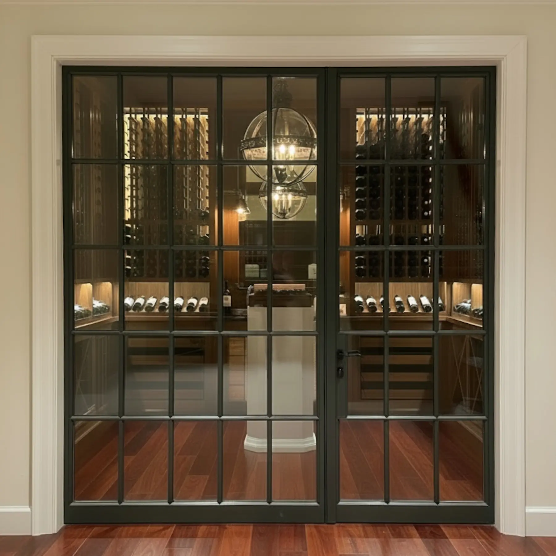 Thermal Steel Wine door with fixed side lite, powder coat finish, SDL muntins, low iron insulating glass